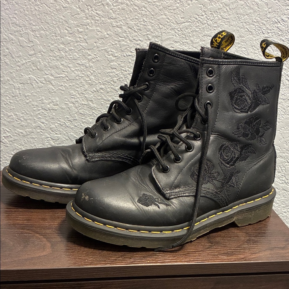Dr Marten’s Black Leather Boots with Floral Embroidery